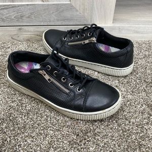 BORN Tamara Leather Lace-Up Side- BLACK Silver Zip Sneaker Sz 6